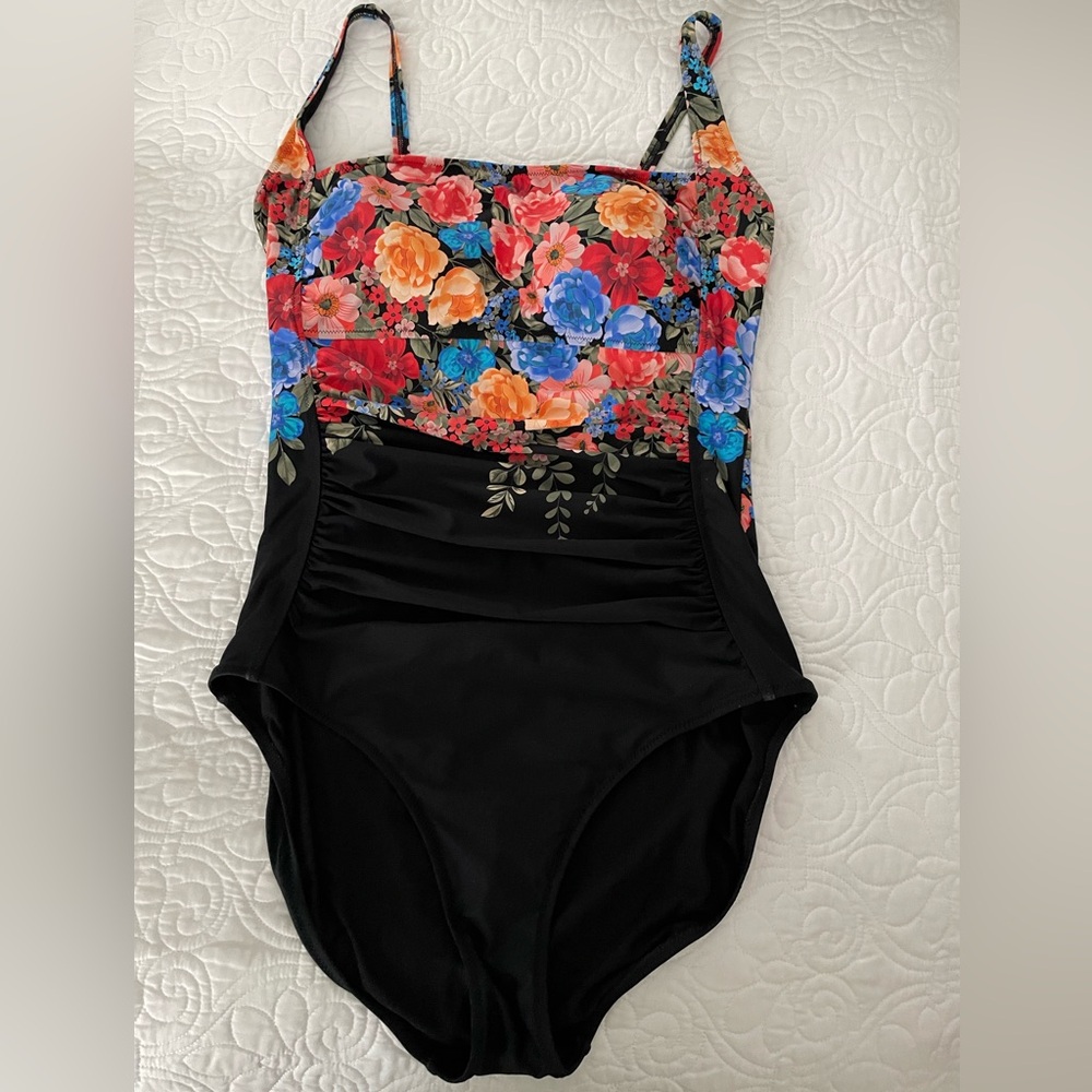 Johnny Was Black Royal Ruched One Piece Floral Swimsuit Sz 3X - Picture 4 of 14